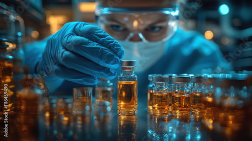 Wallpaper Mural Close-up of a blue-gloved hand holding a liquid-filled glass vial, with various bottles on a table and a light background, capturing a medical and science concept, High resolution photography. Torontodigital.ca