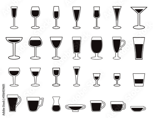 Drink Glass Collection Hot and Cold Drink Line Icons Set Alcohol, Tea, Coffee Vector Isolated on White Background