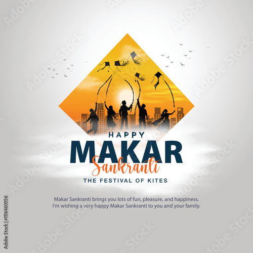 Indian festival Happy Makar Sankranti poster design with group  kites flying cloudy sky. abstract vector illustration design.