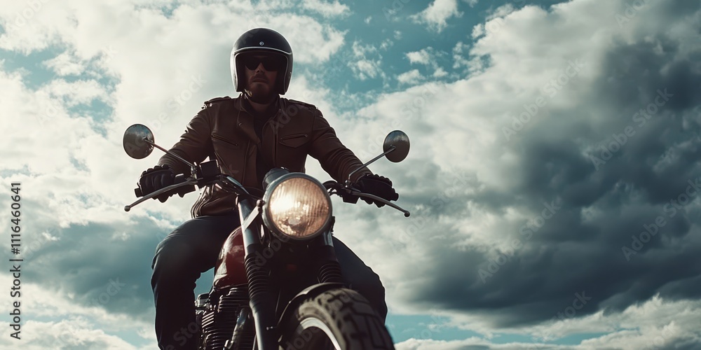 Naklejka premium A man sitting on a motorcycle, with his leather jacket and helmet, symbolizing adventure and freedom, set against a dramatic sky.