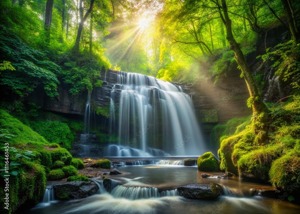 A mesmerizing waterfall flows through vibrant green foliage in a peaceful forest, showcasing the serene beauty and tranquility of nature in a stunning landscape. A mesmerizing waterfall flows through vibrant green foliage in a peaceful forest, showcasing the serene beauty and tranquility of nature in a stunning landscape.