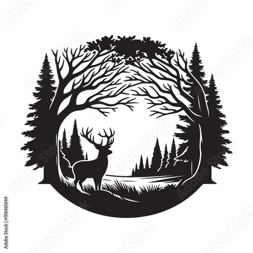 Deer with antlers in a forest clearing silhouette vector art black color design and solid white background 