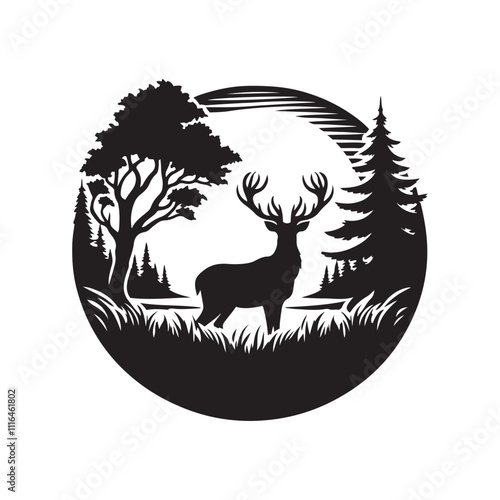 Deer with antlers in a forest clearing silhouette vector art black color design and solid white background 