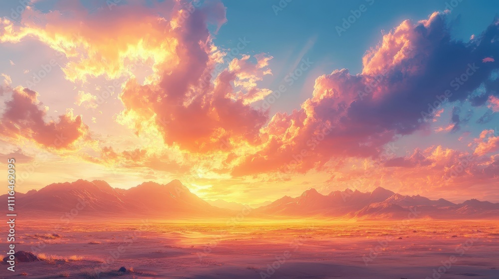 Fototapeta premium A stunning sunset paints the sky with vibrant hues, reflecting off serene waters and illuminating distant mountains.