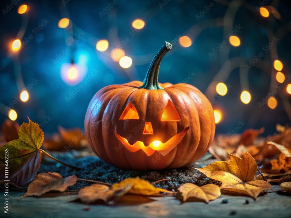 A minimalist orange jack-o-lantern stands out against a dark background, illuminated by glowing bokeh lights, creating a perfect Halloween ambiance for autumn celebrations. A minimalist orange jack-o-lantern stands out against a dark background, illuminated by glowing bokeh lights, creating a perfect Halloween ambiance for autumn celebrations.