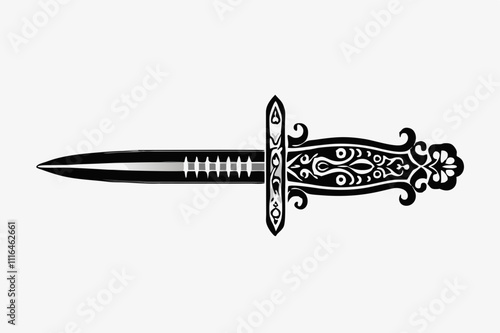 Silhouette Design of a Vintage Dagger with Ornate Hilt and Curved Blade in a Minimalist Historical Style