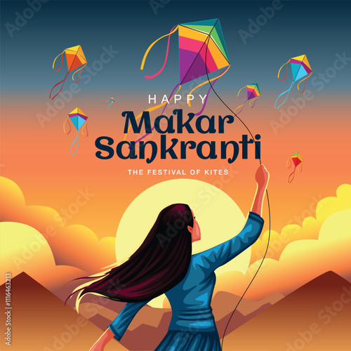 Indian festival Happy Makar Sankranti poster design with group  kites flying cloudy sky. abstract vector illustration design.