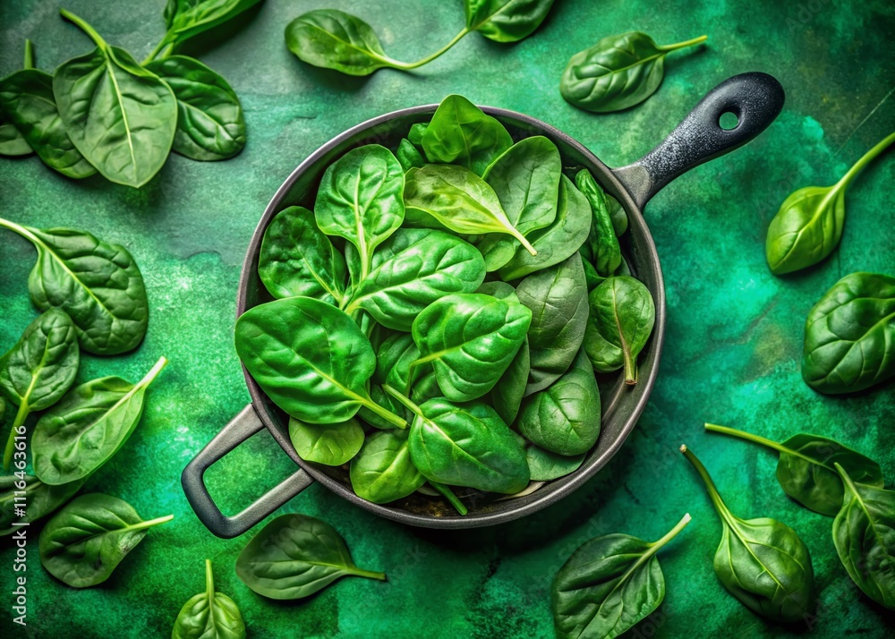 Obraz premium A nostalgic depiction of fresh green spinach leaves adorned with water droplets on a sleek green surface, perfect for promoting healthy eating and organic cuisine.