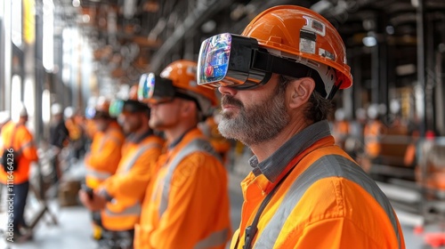 Group of construction workers utilizing VR technology on a building site in urban area photo