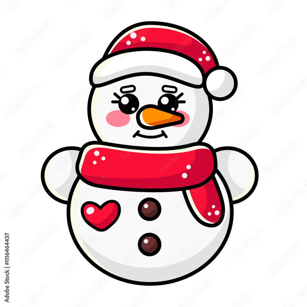 Fototapeta premium Cute kawaii outline snowman with red beanie and scarf isolated on white background. Vector illustration, clipart for children, kids. Japanese style, korean style, Chinese style