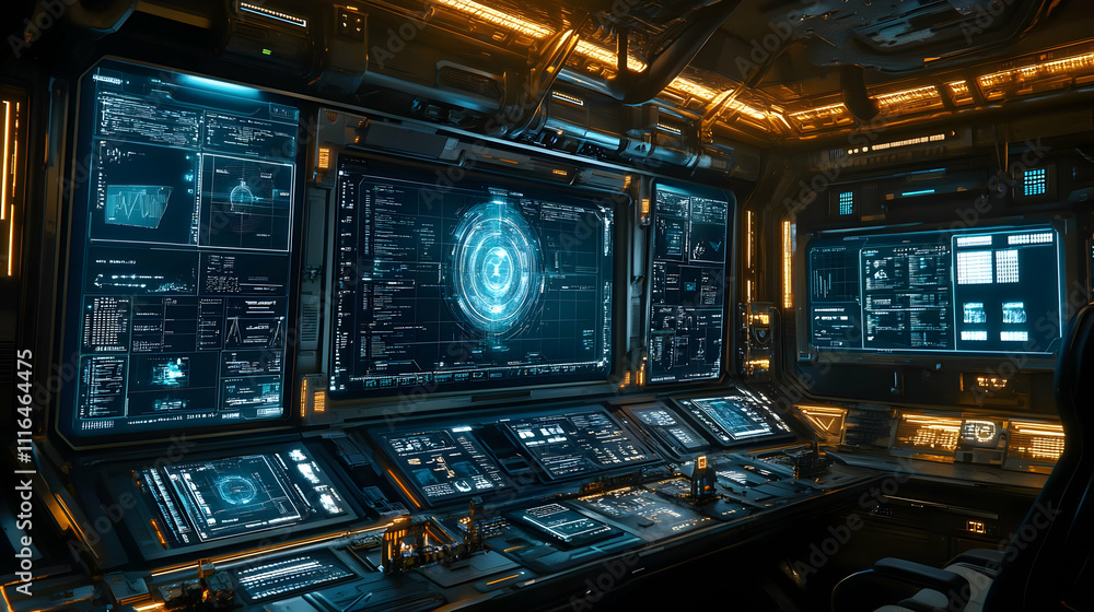 Naklejka premium Futuristic Control Room 3D Illustration