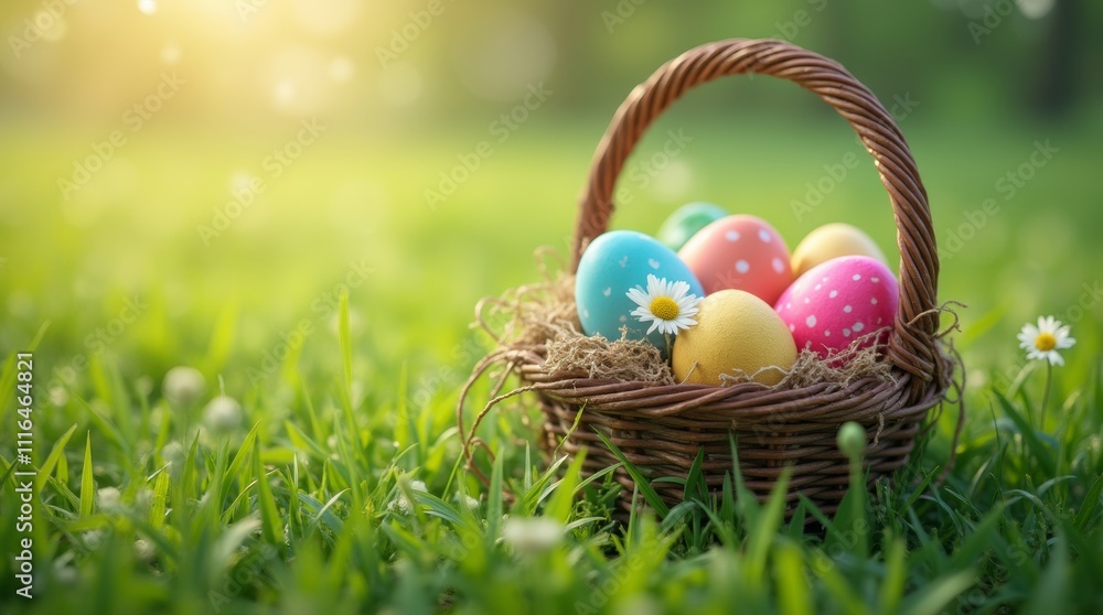 colorful easter eggs in a basket on a green madow colorful easter eggs in a basket on a green madow