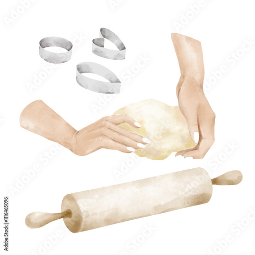 Watercolor pastry rolling pin, cooking forms and dough