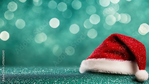 Festive led-embedded santa hat on sparkling green background holiday decoration christmas spirit close-up view photo