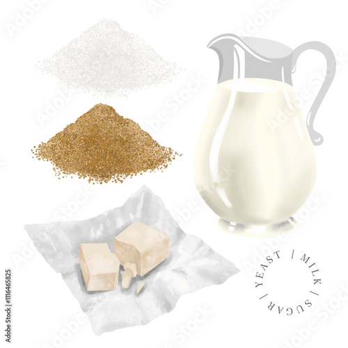 Bakery ingredient set. Milk, sugar, salt, yeast