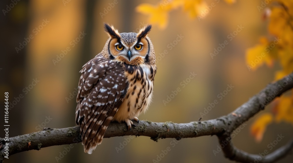Owl sitting on a branch in the autumn forest. Beautiful owl portrait. Owl sitting on a branch in the autumn forest. Beautiful owl portrait.