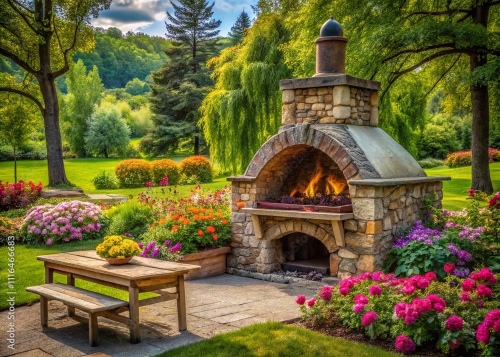Obraz premium A rustic stone oven in the park offers a unique culinary experience, combining outdoor dining, artisan food, community gatherings, and enhanced urban green space amenities.