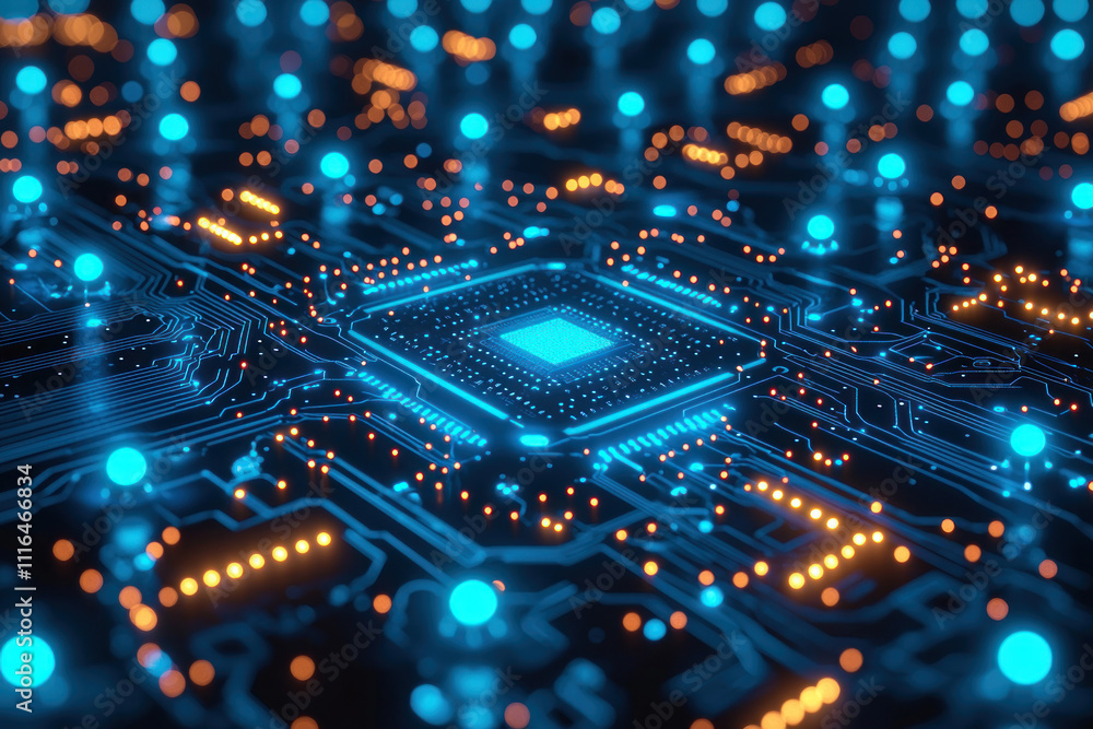Obraz premium Close-up of CPU on circuit board with glowing lights.