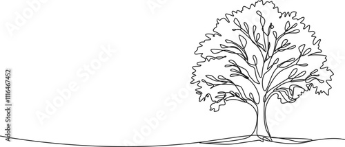 continuous single line drawing of broad-leafed tree, line art vector illustration