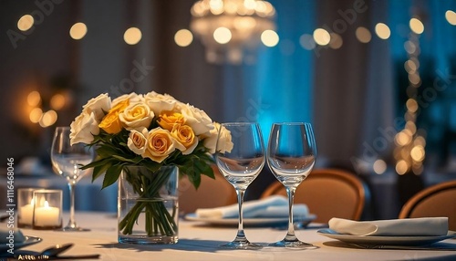 A formal dinner table setting with a centerpiece of white and yellow roses, wine glasses, buffal wedding setttings, romantic dinner table, Festive holiday table setting, created with generative ai photo