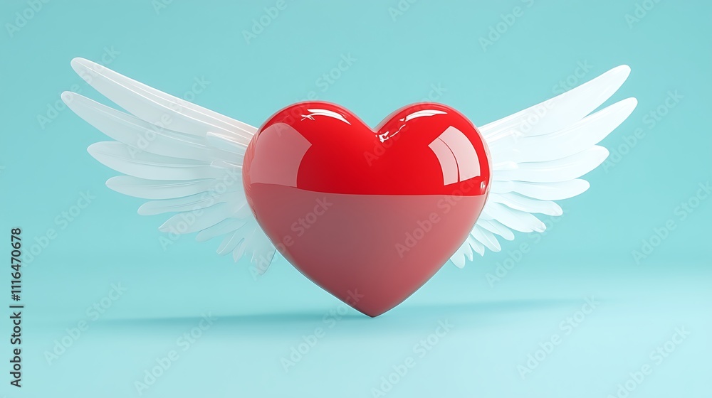 Red heart with white wings on a light blue background Red heart with white wings on a light blue background