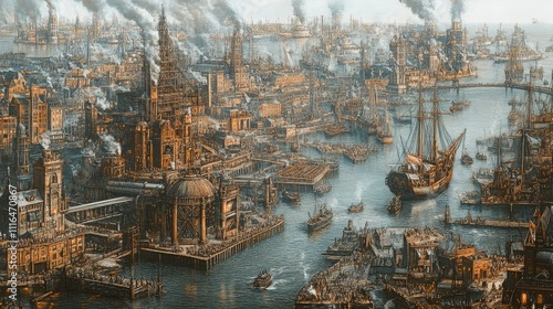 Historical depiction of a bustling harbor during the industrial revolution with ships and steam. photo