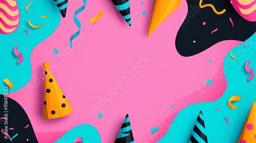 Colorful party background with festive decorations and confetti on pink surface.