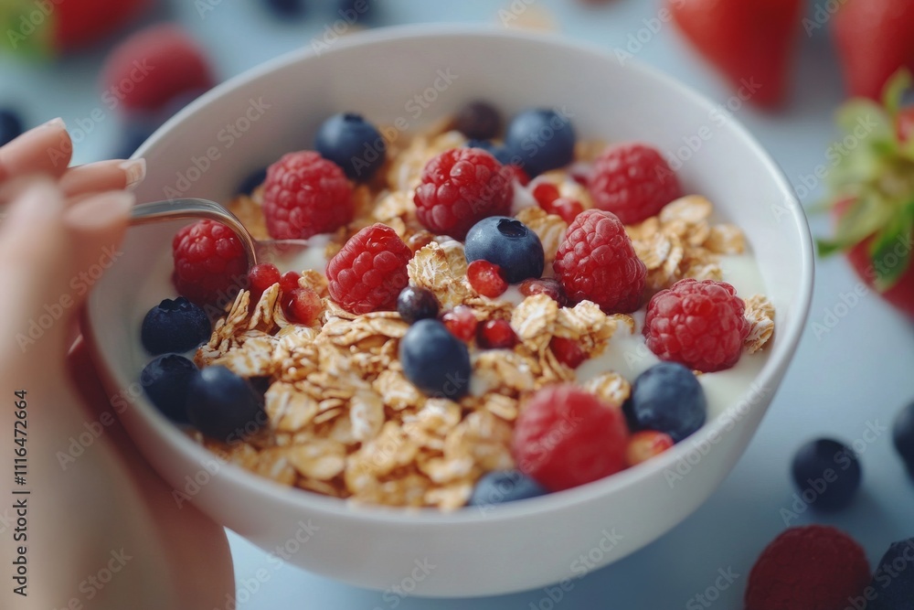A close-up of a hand holding a spoon, enjoying a healthy bowl of yogurt topped with fresh raspberries and blueberries. A close-up of a hand holding a spoon, enjoying a healthy bowl of yogurt topped with fresh raspberries and blueberries.