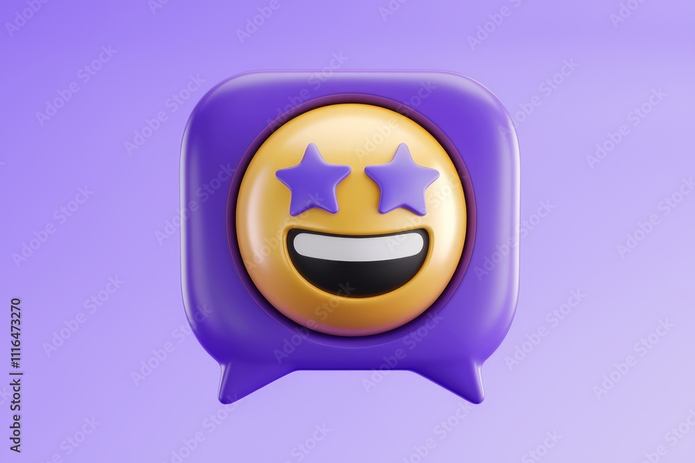 A 3D rendering of a happy emoticon with stars for eyes inside a purple speech bubble. A 3D rendering of a happy emoticon with stars for eyes inside a purple speech bubble.