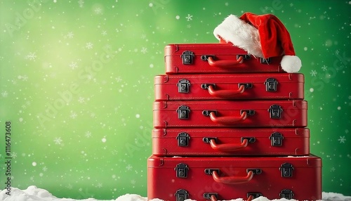 A stack of red vintage suitcases with a Santa hat on top, set against a snowy green background with falling snowflakes, christmas travel bags, olg suitcase, created with generative ai photo