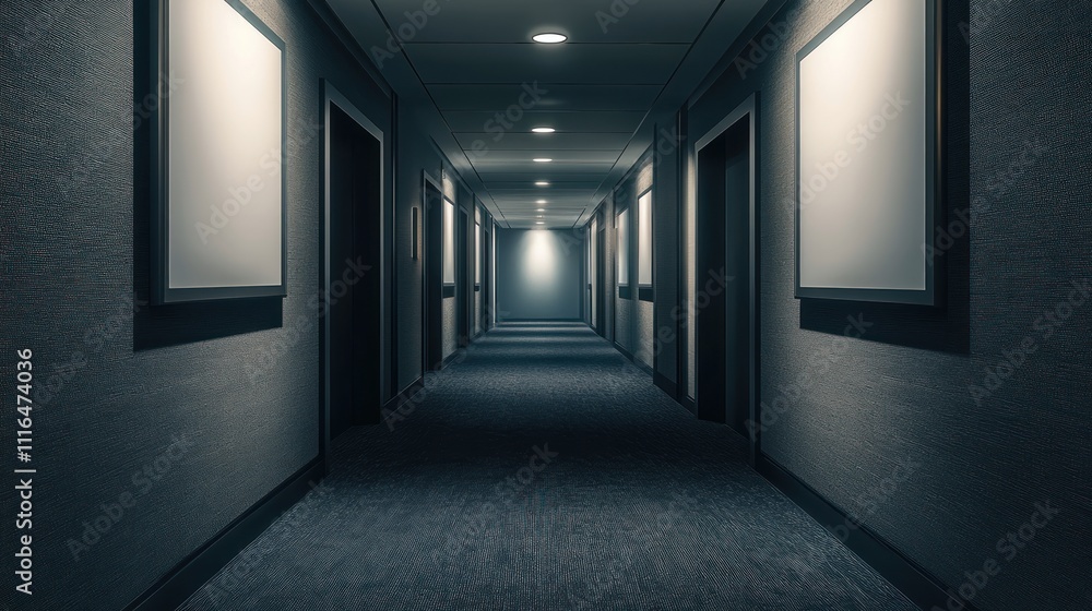 Dark hotel corridor with doors and blank frames on walls. Dark hotel corridor with doors and blank frames on walls.