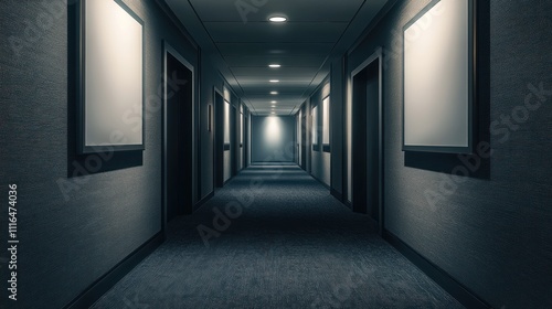 Dark hotel corridor with doors and blank frames on walls.