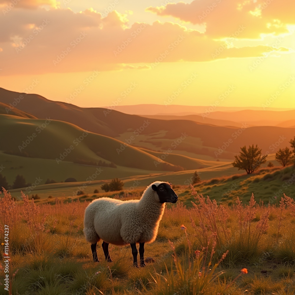 Fototapeta premium Sheep standing in golden meadow at sunset