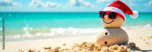 Banner with small Sandman in Santa Clause hat and red sunglasses, against the backdrop of a sandy beach, coast. Concept of Winter tourism, Travel and Christmas holiday. Copy Space for text
