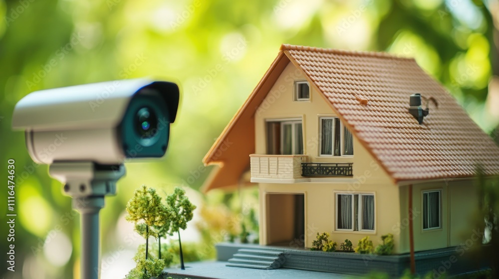 Security camera monitoring a miniature house outdoors. Security camera monitoring a miniature house outdoors.