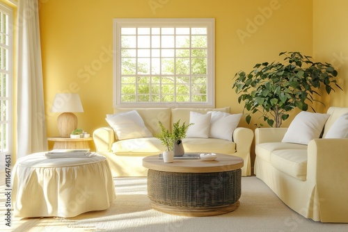 A bright and airy living room with butter yellow walls, casual beige sofas, and natural wood accents for a cheerful vibe.