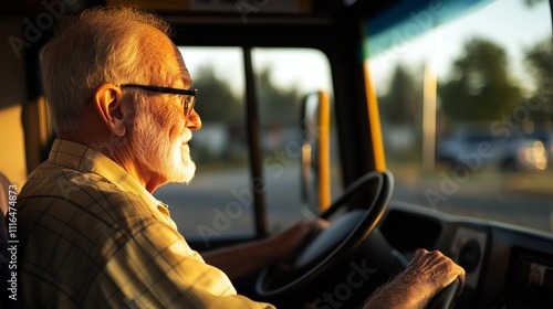 Elderly man driving a bus during sunset, showcasing determination and experience on the road photo