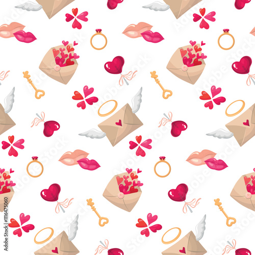 Valentine's Day background. Seamless pattern. Love attributes. Wrapping paper, gift wrapper