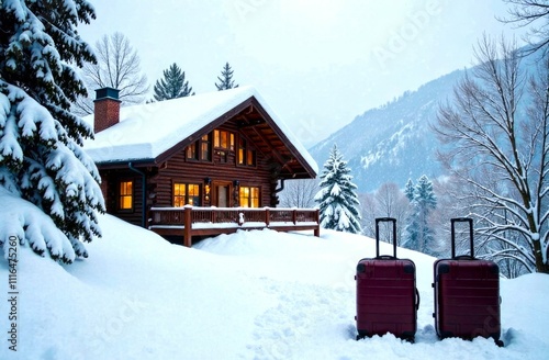 House and suitcases against the backdrop of a wonderful Winter landscape. Rent a house for Christmas Holidays, Winter Vacation in the Mountains in nature. Rustic snowy house in the mountains
