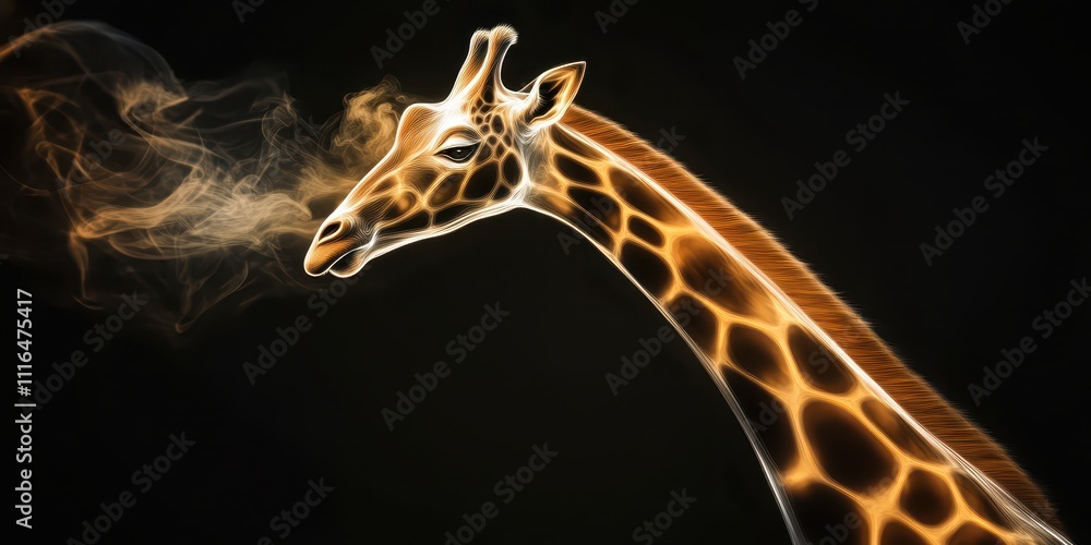 Obraz premium A glowing giraffe made of smoke, with its neck stretching upward and radiant tendrils, on a black background.