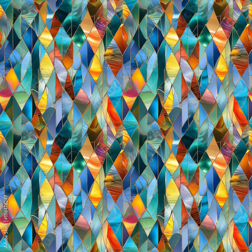 Colorful mosaic design features vibrant patterns and dynamic geometric shapes photo