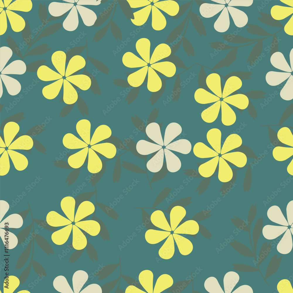 Fototapeta premium Seamless floral pattern, liberty ditsy print of pretty decorative art meadow, mini wild plants. Cute botanical design: small hand drawn flowers, simple tiny grass, leaves. Vector illustration.