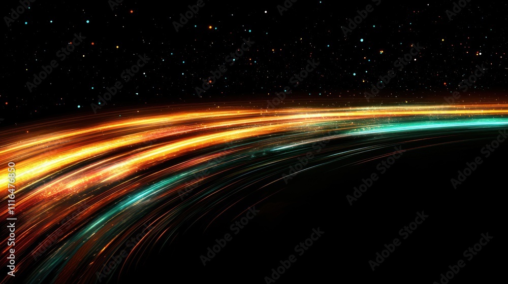Fototapeta premium Abstract glowing light streaks curve across dark background resembling a galaxy or futuristic horizon.