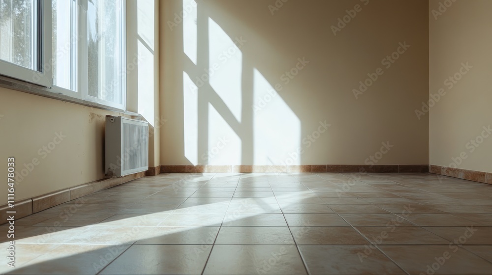 Fototapeta premium Sunlight streams into an empty room with tiled floors and a radiator, illuminating the wall.