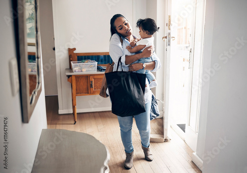 Quadro su tela Woman, phone call and bags with baby in home, multitasking and busy with responsibility