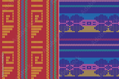 Vector de textil bordado mexicano con grecas y flores de colores, Patrones en fondo rojo y morado