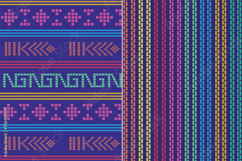 Vector de textiles bordados mexicanos con grecas y franjas de colores, Patrones en fondo morado