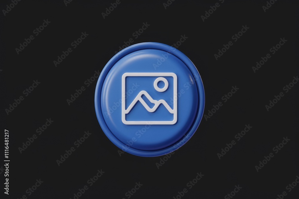 A 3D rendered blue circular button featuring a white image icon symbolizing picture or gallery. A 3D rendered blue circular button featuring a white image icon symbolizing picture or gallery.