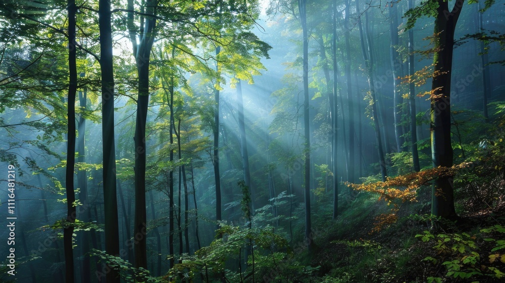 Obraz premium Nature Travel - Mystic Morning in Zurich Forest during Swiss Autumn