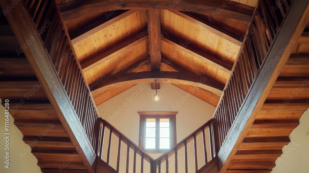 Obraz premium A wooden staircase with a vaulted ceiling and a central light fixture.